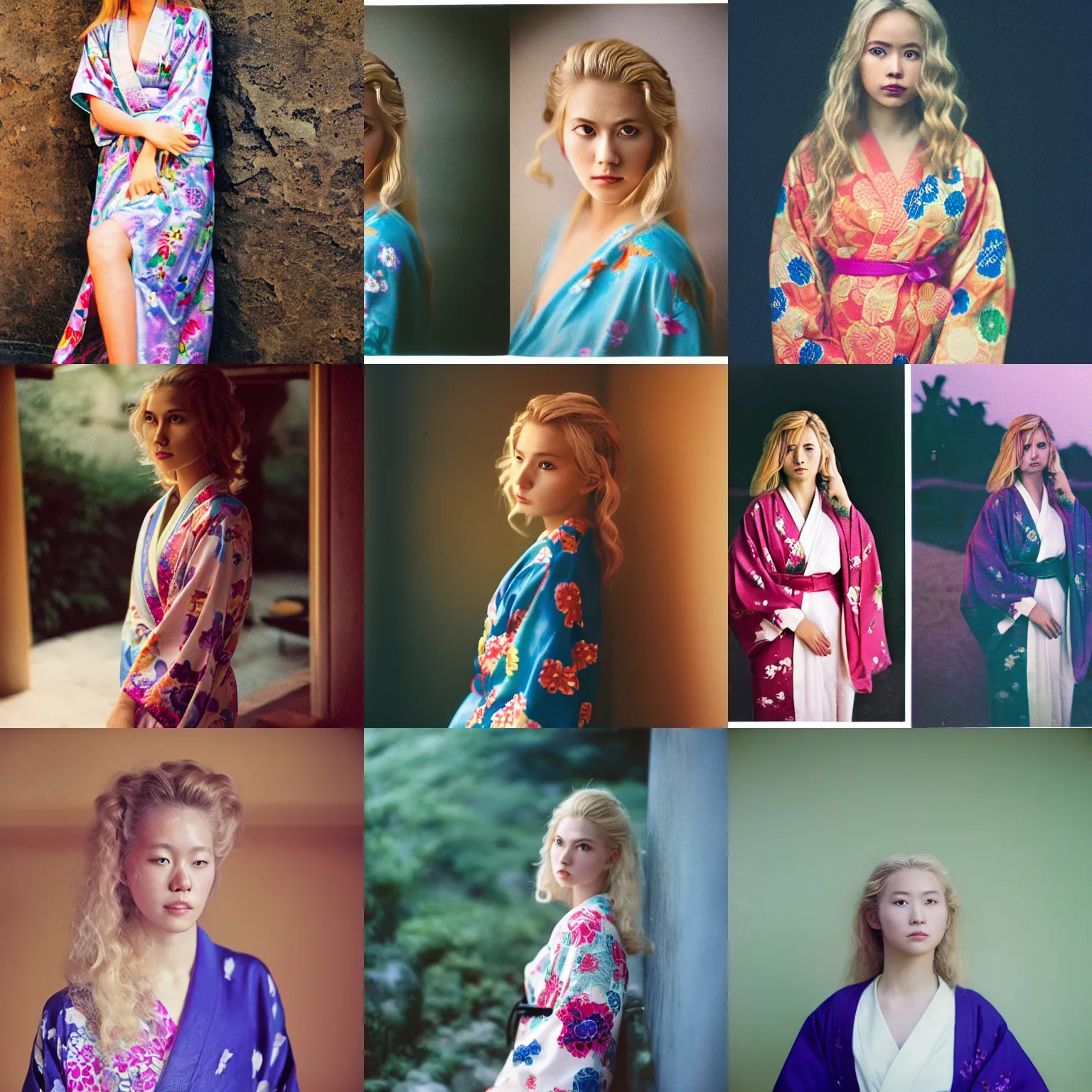 Prompt: stunning, breathtaking, awe - inspiring award - winning portrait of an attractive young white woman with wavy blonde hair, wearing a colorful yukata, extremely moody lighting, cinestill 8 0 0 t