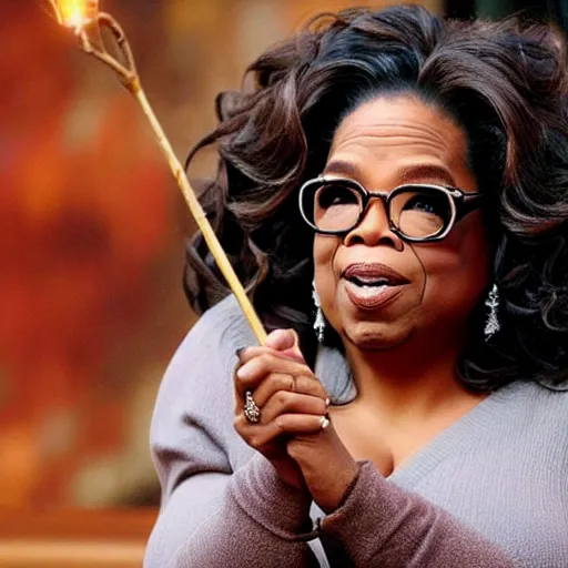 Image similar to Oprah Winfrey in Hogwarts from Harry Potter, waving a magic wand, holding a broomstick, flashes are emerging from the magic wand, photorealistic, highly detailed