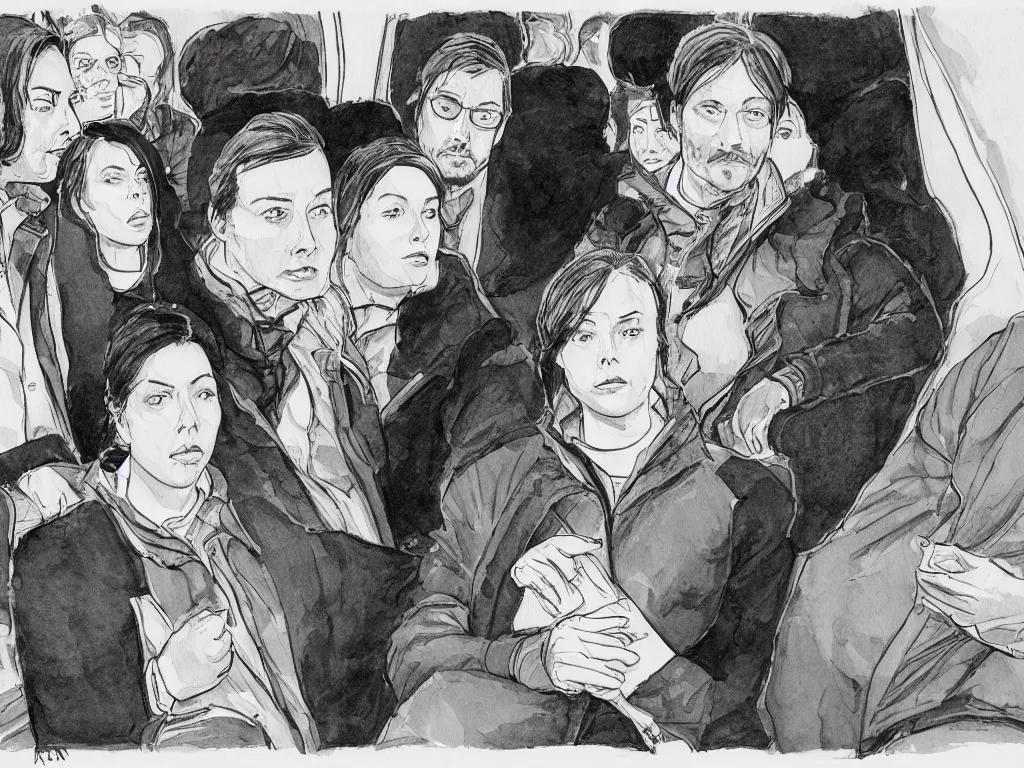 Prompt: a tight detailed ink and watercolor drawing in the style of Adrian Tomine, 3/4 low view close shot of two people sitting in a Chicago subway train: a sad Aubrey Plaza in a parka and a friendly Mads Mikkelsen in a suit