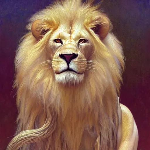 Image similar to hyper realistic albino male furry anthro lion, magical, painted by james gurney, norman rockwell, tom bagshaw, mucha, gaston bussiere, craig mullins, j. c. leyendecker 8 k