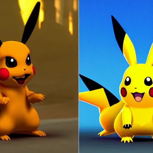 Prompt: Pikachu (right) Charizard (Left), Pikachu using thunderbolt, Pokemon battle, octane rendered unity engine, stadium epic