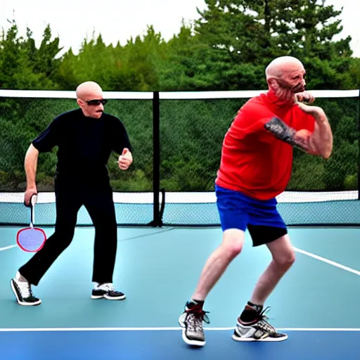 Prompt: walter white and saul goodman playing pickleball, ultra realistic, photorealistic, cinematic