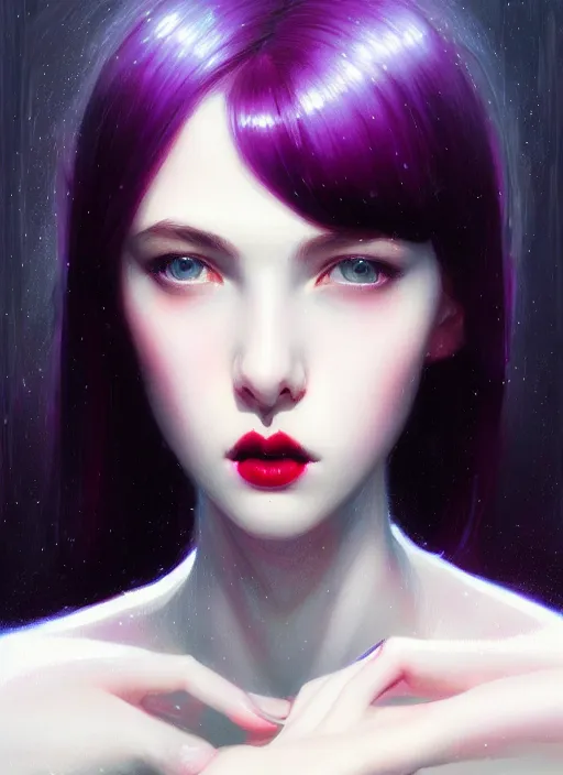 Image similar to portrait of pale teenage girl, red irises, black hair, white bangs, purple lipstick, intricate, elegant, glowing lights, highly detailed, digital painting, artstation, concept art, smooth, sharp focus, illustration, art by wlop, mars ravelo and greg rutkowski