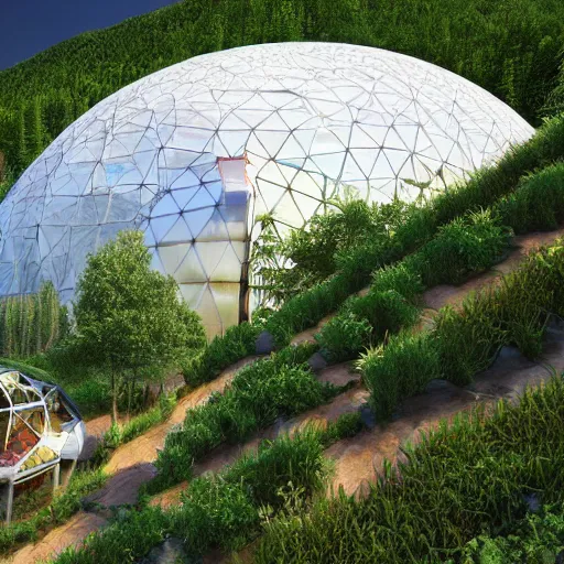 Image similar to vertical farms and white sci - fi dome in a steep sided valley with trees, a sense of hope and optimism, busy workers, hyper realistic, high res, 4 k, warm light, edouard groult, bynde, kirill leonov