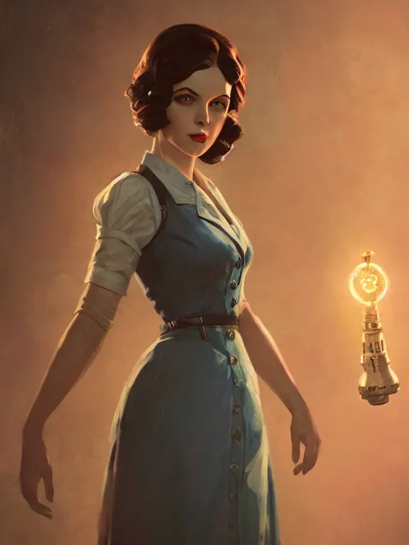 Image similar to portrait of a young woman from bioshock infinite, art by ryo shiotani and greg rutkowski, intricate, beautiful, cute, cinematic lighting, vintage art by serge ivanoff, high resolution, very detailed