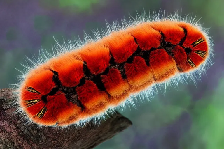 Image similar to hickory horned devil ( regal moth ) caterpillar award winning nature photography, cgi character design psychedelic colors, fluffy long hair, amazing design