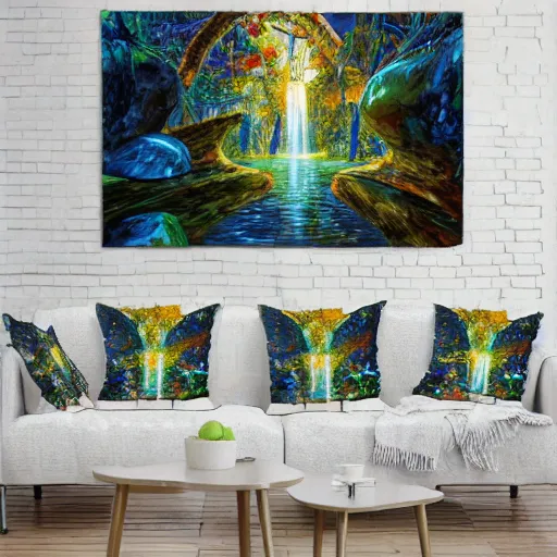 Prompt: overgrowth waterfall mushroom rich 8 k geometric by antoni gaudi, android jones, leonid afremov