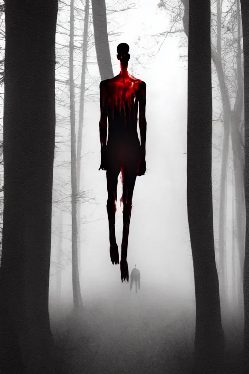 Prompt: tall slender humanoid walking in the mist, red eyes, bloody face, creepy, horror, fantasy, bloodcurdling