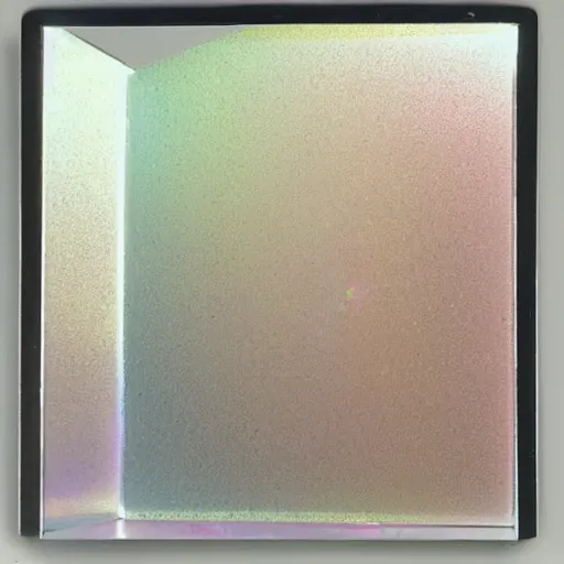 Image similar to a pastel coloured Polaroid photo of a minimalist sunbed made of transparent iridescent perspex stood in a field, beams of light, nostalgic