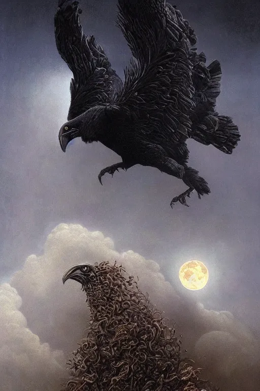 Prompt: Intricate stunning highly detailed surreal ravens by agostino arrivabene and Vladimir Kush, ultra realistic, Horror, dramatic lighting, full moon, blood moon, thick black swirling particle smoke tornado, fire embers, cgsociety