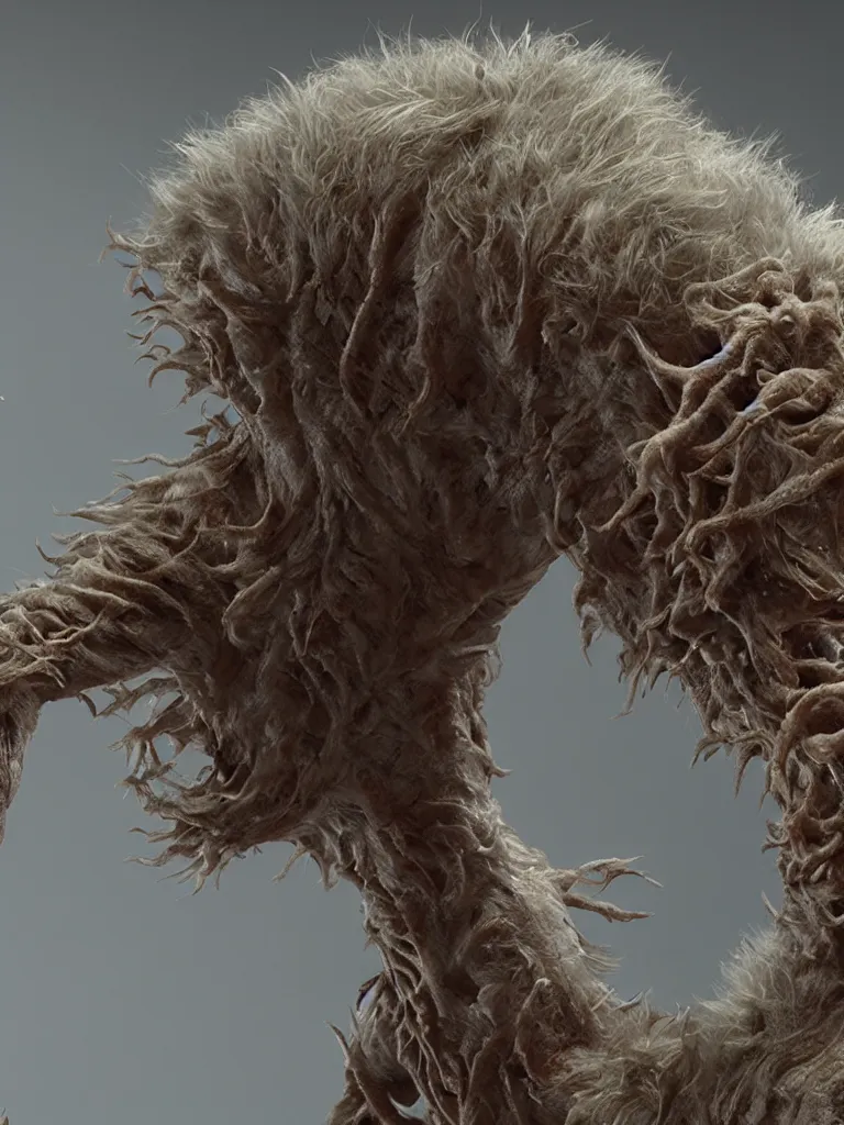 Image similar to standing photorealistic detailed tall skinny humanoid creature with fur, extremly detailed, 8 k, realistic, sharp focus, cosmic horror creature, cosmic horror, from the movie the thing