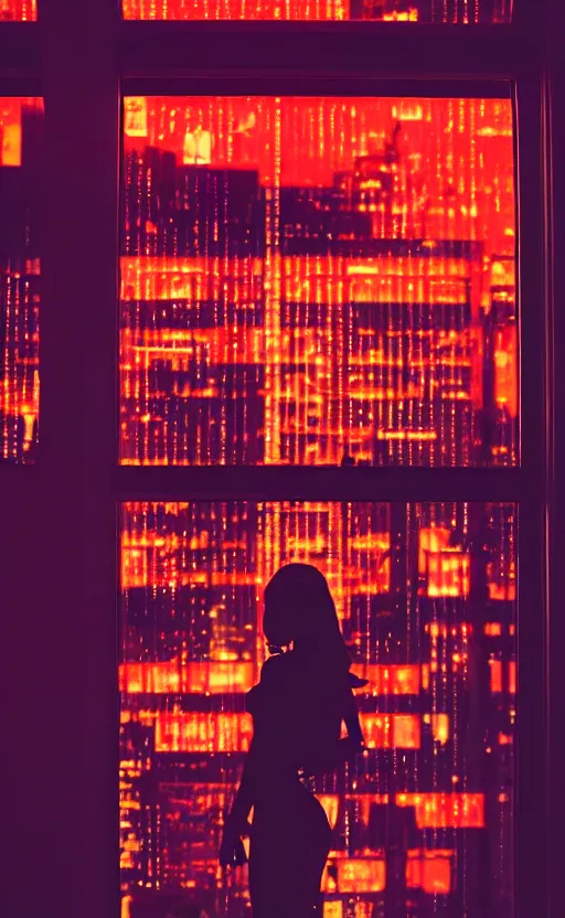 Image similar to vertical movie frame, silhouette of a girl in 7 0's retro club, editorial, fashion, neon - decorated urban on night in the city seen through the window, modern architecture design, vintage, night, blade runner, dark, clean lines, asian futuristic city at distance, big windows, octane, wide angle