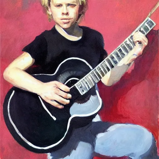 Image similar to a portrait of young james hetfield playing guitar, by gregory manchess and stanley lau