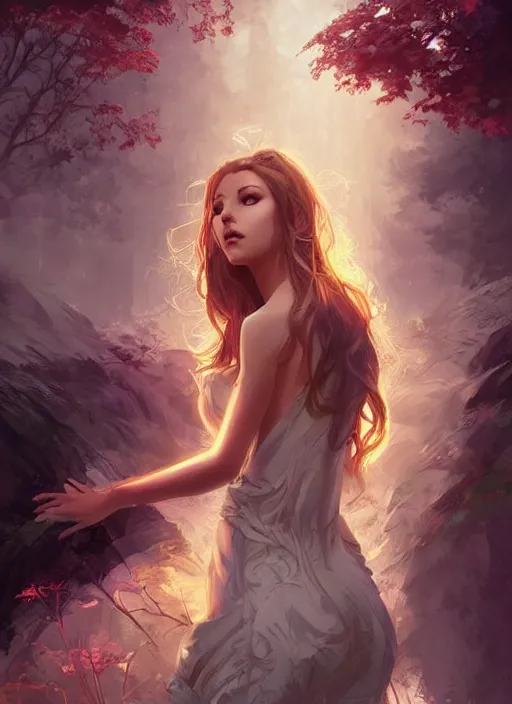 Image similar to female seductive queen of nature girl, beautiful face, rule of thirds, intricate outfit, backlit, foreground art by artgerm, background art by greg rutkowsk and jeremy mann, digital painting
