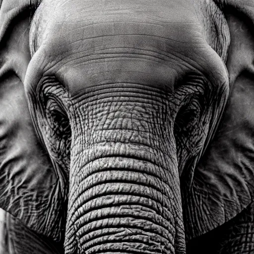 Prompt: man with an elephant trunk nose, grey wrinkled skin, tusks, portrait