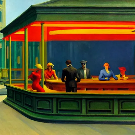 Prompt: Edward Hopper's Nighthawks but the patrons are ugandan knuckles