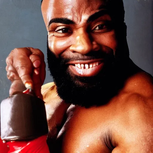 Prompt: a photograph of joe rogan as mr. t