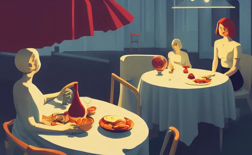 Prompt: eating in heaven, surreal illustration, by atey ghailan and escher and edward hopper,
