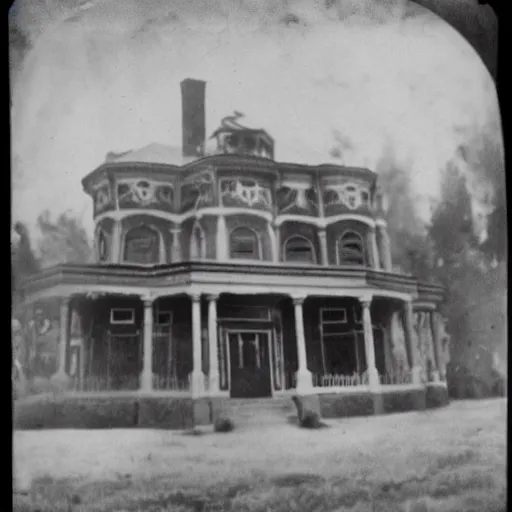 Image similar to photograph from 1900 of a ghost in a mansion. Black and white. Film.