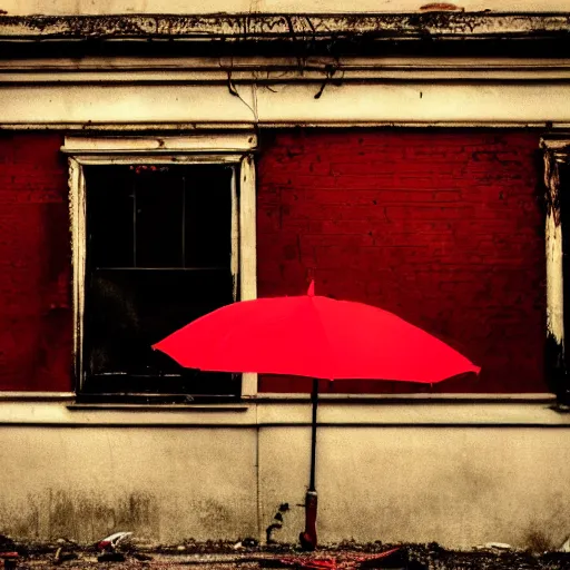 Image similar to abandoned places with a red umbrella, cinematic light,