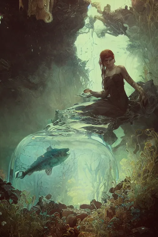 Image similar to a full body portrait of a beautiful post apocalyptic offworld neoicelandic biofarmer swimming by the fish tank, intricate, elegant, highly detailed, digital painting, artstation, concept art, smooth, sharp focus, illustration, art by krenz cushart and artem demura and alphonse mucha