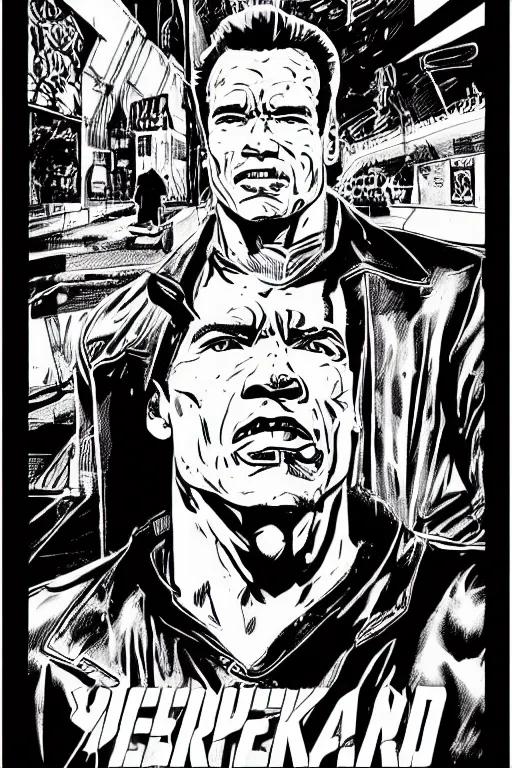 Prompt: arnold schwarzenegger, a page from cyberpunk 2 0 2 0, style of paolo parente, style of mike jackson, adam smasher, johnny silverhand, 1 9 9 0 s comic book style, white background, ink drawing, black and white, colouring pages