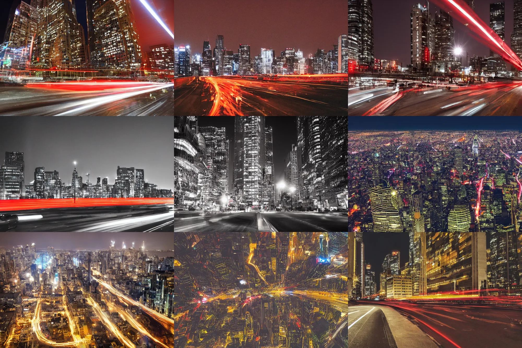 Prompt: travelling at the speed of the light through the city, high buildings, city lights, red tail lightsm night