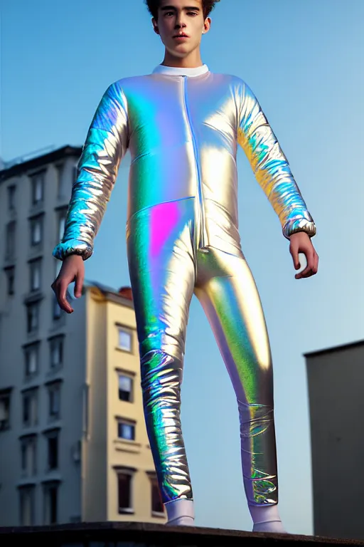 Image similar to un ultra high definition studio quality photographic art portrait of a young man standing on the rooftop of a british apartment building wearing soft baggy inflatable padded silver iridescent pearlescent clothing. three point light. extremely detailed. golden ratio, ray tracing, volumetric light, shallow depth of field. set dressed.