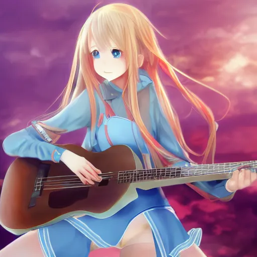 Image similar to a very beautiful young yuuki asuna playing guitar, full body, long wavy blond hair, sky blue eyes, full round face,, bikini, miniskirt, front view, mid - shot, highly detailed, cinematic wallpaper by stanley artgerm lau