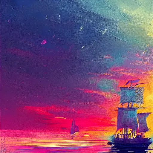 Image similar to A pirate on the high seas that has magical pearlescent shimmering see through sails, painting by Alena Aenami