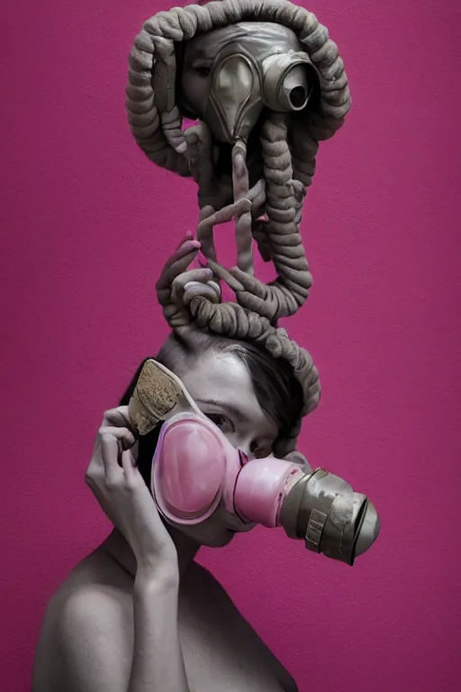 Image similar to a surreal portrait of intertwined and contorted figures wearing gas mask next to a pink wall in the style of brooke didonato, editorial fashion photography from vogue magazine, full shot, nikon d 8 1 0, ƒ / 2. 5, focal length : 8 5. 0 mm, exposure time : 1 / 8 0 0, iso : 2 0 0