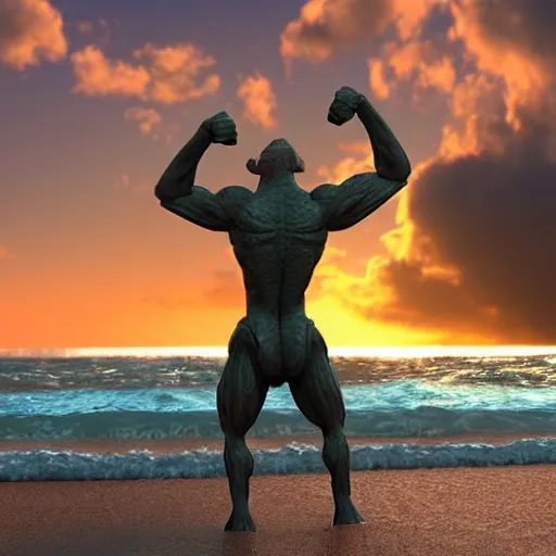 Prompt: a tall, muscular kobold standing in the crashing waves on a beach, sunset, realistic, romantic, enchanting, dreamy, IMAX