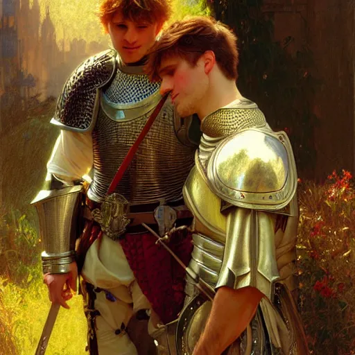 Image similar to attractive arthur pendragon and his attractive male knight, they are in love, natural lighting, path traced, highly detailed, high quality, digital painting, by gaston bussiere, craig mullins, alphonse mucha j. c. leyendecker