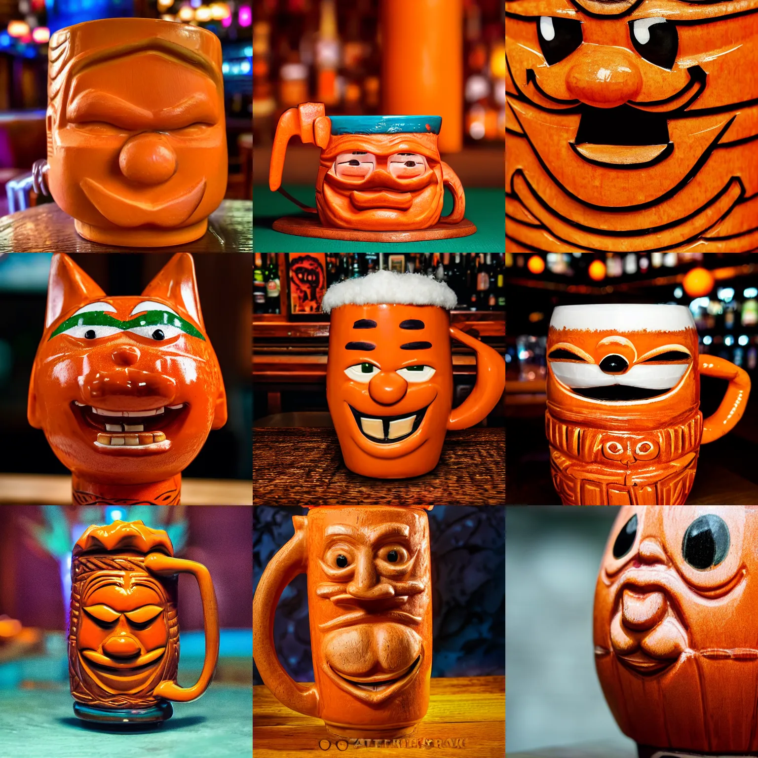 Image similar to a closeup photorealistic photograph of an orange cat garfield style tiki mug at a trader vic's bar with garfield's face on the front. tiki party. bright scene. fine detail. this 4 k hd image is trending on artstation, featured on behance, well - rendered, extra crisp, features intricate detail, epic composition and the style of unreal engine.