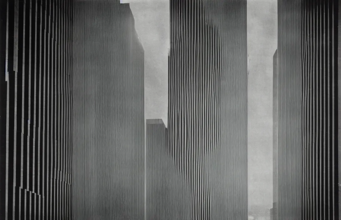 Prompt: complexion emotional bond between the two building by mies van der rohe rhythmic flow of tones intact flawless ambrotype from 4 k criterion collection remastered cinematography gory horror film, ominous lighting, evil theme wow photo realistic postprocessing anomaly in spatial lay - out photograph by ansel adams