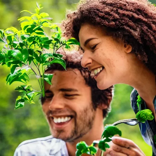 Prompt: a couple watering each other's heads which are made of plants and the sun is shining