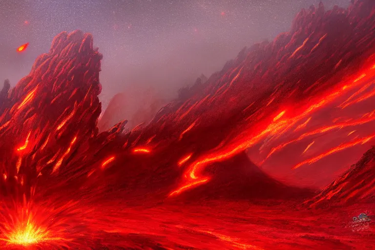 Image similar to red themed lava landscape, meteor shower, epic, miyazaki style, cinematic, indie, highly detailed, featured on artstation, highly detailed, abstract