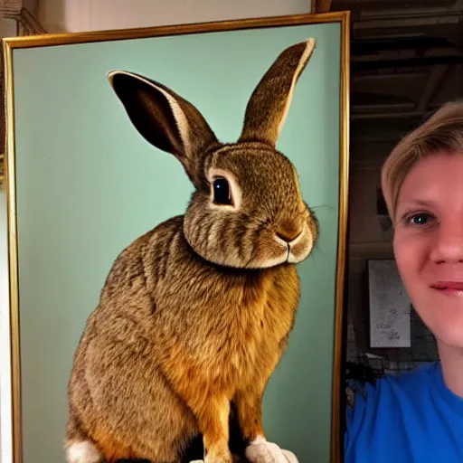 Image similar to a rabbit posing proudly next to a painting of a human