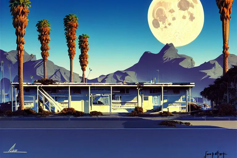 Prompt: broken robot | abandoned motel | palm trees | snowy mountains | moon in sky, painting by syd mead and weta studio and moebius and james jean and frank frazetta, highly detailed, rule of third, soft lighting, architectural magazine, beautiful detailed, insanely intricate details, artstation trending, hypermaximalistic, high details, cinematic