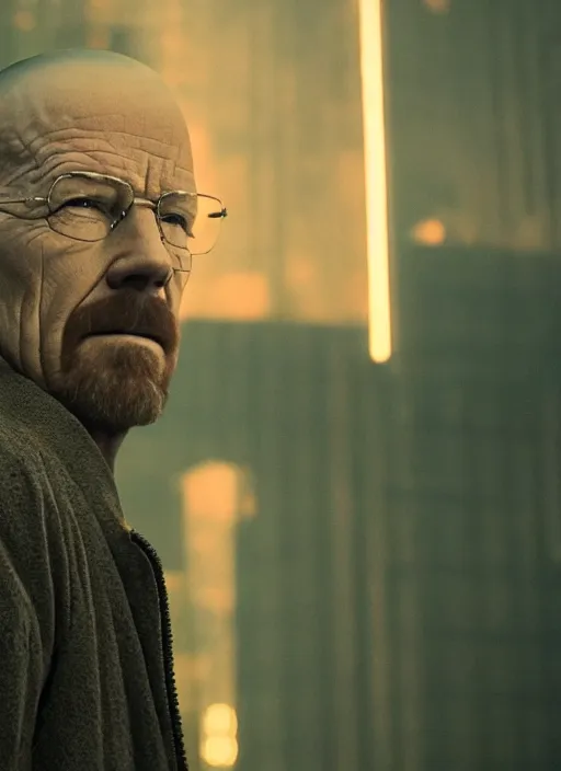 Prompt: a close - up, color cinema film still of walter white in blade runner 2 0 4 9, cinematic lighting at night.