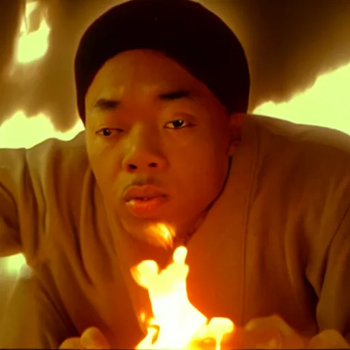 Prompt: cinematic film still of rapper JID starring as a Japanese Sensei with fire, Japanese CGI, VFX, 2003, 40mm lens, shallow depth of field, film photography