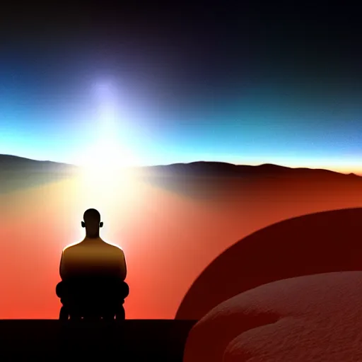 Image similar to Contemporary digital art Highly detailed Dr.Manhattan character from Watchmen watching on a beautiful sunrise on mars. Volumetric light