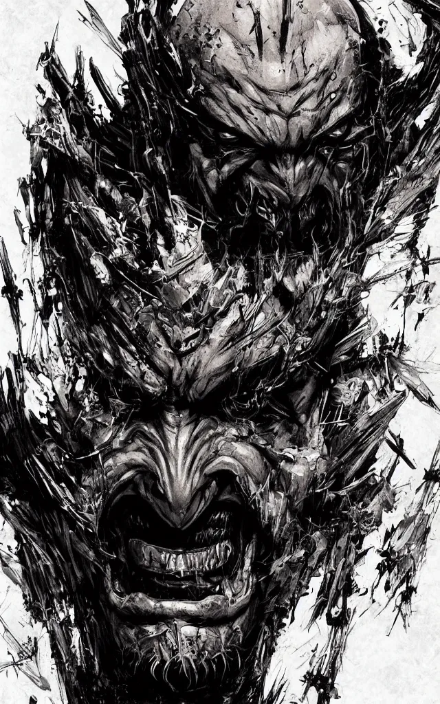 Image similar to a detailed digital art of an intimidating man with nails in two of its eyes and intricate tattoos around the eyes, wide evil grin on the face, by yoji shinkawa, jeszika le vye, mandy jurgens, trending on artstation