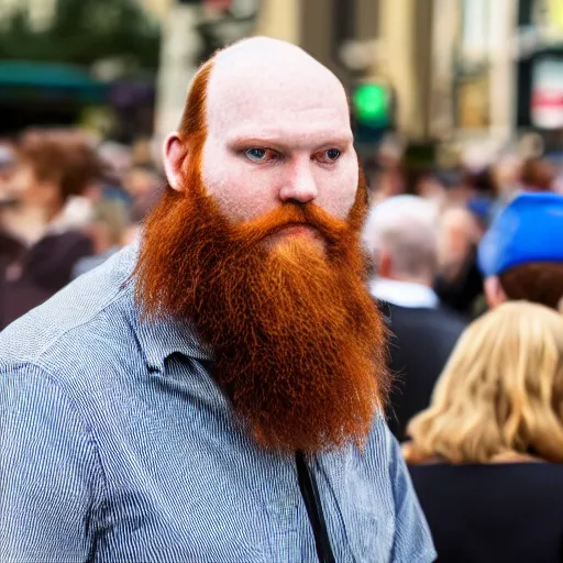 Prompt: a 7 foot tall, ginger, husky bodied, full bearded, balding middle aged man walking among the crowd