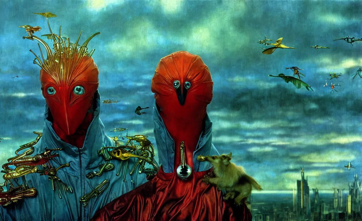 Image similar to realistic detailed portrait movie shot of a birdman wearing glossy sheer raincoat, sci fi city landscape background by denis villeneuve, amano, yves tanguy, alphonse mucha, ernst haeckel, max ernst, roger dean, masterpiece, rich moody colours, dog teeth, blue eyes