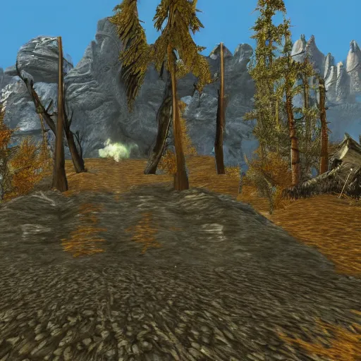 Prompt: The world of Skyrim in Playstation 1 graphics