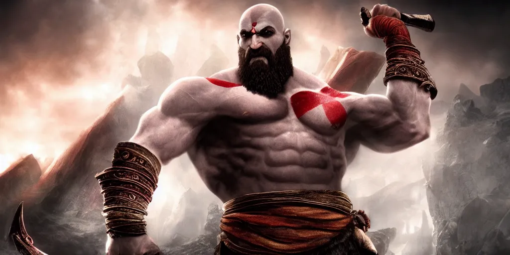 Image similar to kratos the god of war looking in the mirror, cinematic composition and lighting