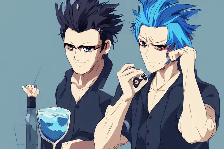 Prompt: anime portrait of a bartender guy with messy blue hair mixing drinks, trending on artstation, dynamic pose perspective, moody, detailed facial features, sharp focus, cel shaded