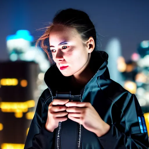 Image similar to photographic portrait of a techwear woman, closeup, on the rooftop of a futuristic city at night, sigma 85mm f/1.4, 4k, depth of field, high resolution, 4k, 8k, hd, full color