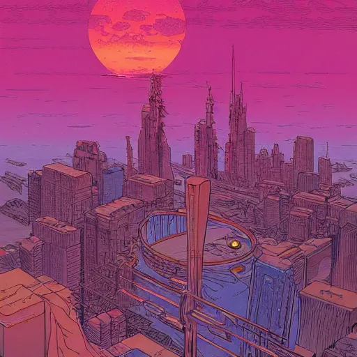 Prompt: moebius, Jean Giraud, cyberpunk, landscape, city, epic, artstation, dusk